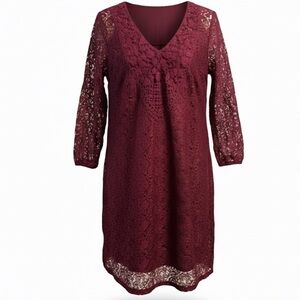 Xhilaration Burgundy Lace V Neck 3/4 Sleeve Dress Medium